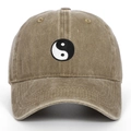 Macro detail of Tai Chi embroidery on khaki washed cotton baseball cap texture - One Size / Khaki