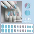 Sky blue and pink marble press-on nails with glitter and rhinestones set, 24pcs medium square - Blue Pink Marble Gradient Rhinestone Style (D815) / 24 Pieces (With Glue)