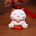 Mini Maneki Neko figurine in white resin with red scroll and gold lucky inscription - 0120A Mini Thinking of Money Lucky Cat