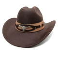 Dark brown western cowboy hat with bull head metal ornament and retro rivets on band - M (56-58cm) / Striped Coffee