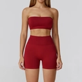 Women's seamless high waist yoga set with tube top in deep red athletic fabric - S / Bra + Shorts / Cherry Red