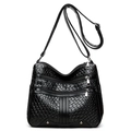 Black woven textured faux leather crossbody bag with multiple zipper pockets - Solid Black