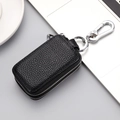 Classic black lychee texture leather car key pouch with silver zipper and spring hook - Without Window / Black