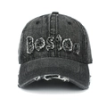 Vintage gewaschene schwarze Denim-Baseballkappe mit Boston-Patch und Distressed-Details - Verstellbar / Schwarz