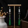 Classic Chinese green droplet tassel earrings with silver cloud detail on stand - Cloud Emerald Long Dangle Style (E1542-1)