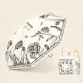 Parapluie rétro crème avec croquis de tulipes noires et sac en toile assorti - Poignée Courbe Revêtement Café-Fleur Croquis Blanc
