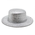 Detailansicht des silbernen Pailletten-Flachhutes mit Metall-Finish für Partys und Bühne - M(56-58cm) / Silber