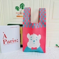 Pink knitted tote bag with blue checkerboard handles and white bear pattern - Pink Tie Big Bear