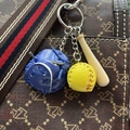 Three-piece baseball keychain with blue leather glove, yellow ball, and wooden bat charm - 2CM Short Bat Yellow Ball Royal Blue Glove