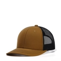 Brown and black mesh trucker hat with curved brim shown in a side 45-degree angle view - Adjustable / Caramel + Black Mesh
