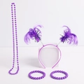 Detailed set of purple party accessories with feather headband and beaded necklaces - 4-Piece Set / Purple Wig+Necklace+Bracelet