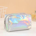 Holographic laser silver makeup bag with rainbow reflection and top zipper closure - Silver