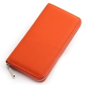 Genuine pebbled leather long wallet with silver zipper closure in vibrant orange color - 20*10*2.5CM / Orange