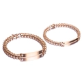Detailed view of two polished rose gold cuban chain bracelets with rectangular bar - Couple Pair / Rose Gold