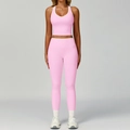 Set da yoga rosa con bordo bianco a contrasto, top con scollo a V e leggings a vita alta - Taglia S / Top E Pantaloni / Rosa Ciliegio (Canotta+Pantaloni)