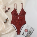 Sexy red leopard print one-piece swimsuit with V-neck and thin straps on silk fabric - S / Red Leopard