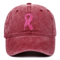 Casquette de baseball en coton délavé bordeaux avec broderie ruban rose symbolique - Réglable / Bordeaux