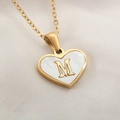 Golden heart necklace with white shell inlay and 3D letter M pendant on O-chain - Letter M