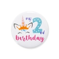 Cute unicorn tinplate badge for 2nd birthday party featuring pink stripes and crown - Number 2