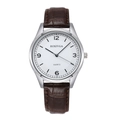 Detailed view of quartz watch with silver case, white dial and brown leather strap - Brown Strap White Dial