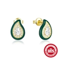 Boucles d'oreilles rétro en argent 925, goutte d'eau, émail vert et zircone cubique - Argent 925 / Or-Avocat