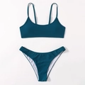 Deep teal two-piece bikini set with thin shoulder straps and high-cut triangle bottoms - S / Teal