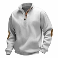 Sudadera de punto acanalado para hombre en crema con coderas marrones y cuello alto con botones - S / Tops / Blanco (DF-5)