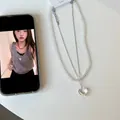 Double-layer beaded necklace with clear heart pendant and delicate silver metal chain - Layered Glass Bead White Necklace
