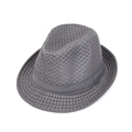 Makroaufnahme von atmungsaktivem grauem Mesh-Gewebe und Webband an einem Herren-Jazzhut - Dunkelgrau / 58cm