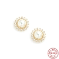 S925 sterling silver gold stud earring featuring white pearl and sunburst zircon halo - Gold Plated White Pearl Zirconia