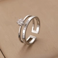Silver double-layer open ring featuring a sparkling six-prong zircon and Roman numerals - Silver Double Roman Numeral Ring (S436)