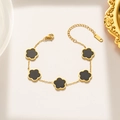 Goldenes Armband mit fünf schwarzen Blumenanhängern und 18KGP-Gravur auf Gliederkette - 967 Schwarzes Muschelarmband Gold