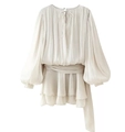 Detail of white chiffon ruffled mini dress with lantern sleeves and waist tie belt - S / Dresses / Apricot Dress