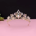 Detailed view of vintage gold tiara with drop-shaped rhinestones and baroque patterns - No.2 KC Gold (AB Stone)