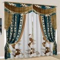 Luxury teal and gold velvet curtains with jacquard patterns and elegant valance - Cyan Gold Jacquard Velvet
