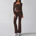 Women's two-piece brown casual knit lounge set with square neck top and flare pants - S / Brown