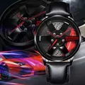 Men's car wheel rim watch with black leather strap and red brake caliper detail - T37 Black Leather Strap Hub Red