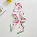 Green floral skinny silk scarf twilly featuring pink flower patterns on white background - Pink Flower