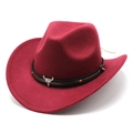 Close-up of wine red felt cowboy hat featuring a metallic bull head buckle and black band - M (56-58cm) / Burgundy
