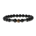 Black natural stone beaded bracelet with glossy amber Tiger Eye bead and silver spacers - Brown (Tiger Eye)