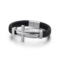 Pulsera de hombre en cuero trenzado negro con cruz de acero inoxidable pulido - 19cm / Color Acero