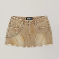 Minifalda vaquera lavada marrón con manchas desteñidas y cadenas metálicas de adorno - XS / Marrón Denim Salvaje