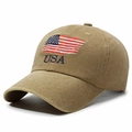 Casquette baseball en coton délavé kaki avec drapeau USA et broderie bleue - Réglable / Kaki