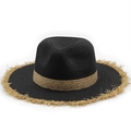 Detail of woven black straw fedora with natural fringe edge and contrasting band - M (56-58cm) / Black