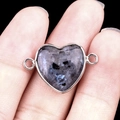 Silver-edged heart labradorite connector with grey-blue gemstone and dual rings - Black Flash Labradorite Double Hole (Silver)