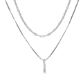 Silver double-layered necklace featuring a sleek vertical bar pendant with cubic zirconia - Silver Inlaid Zircon Bar Style (1031)