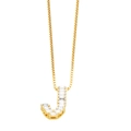 Detail of gold box chain necklace featuring a zircon-encrusted letter J pendant - Gold J