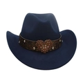 Classic navy blue felt western cowboy hat with brown leather band and heart buckle - Adult (56-58CM) / Navy Blue