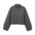 Detailed view of dark grey wool bomber jacket with stand collar and metallic buttons - XS / Gray