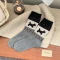 Cozy Fair Isle wool socks with cute dog pattern in grey and white knitted design - One Size (EU 35-40) / Light Grey Base